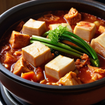 **

A steamy kimchi stew simmers in a traditional Korean earthenware pot (뚝배기), placed on a gas stove that's turned off. Focus on the rich colors of the stew, with visible tofu, kimchi, and pork. Soft, diffused lighting to emphasize the warmth and depth of flavor.

**