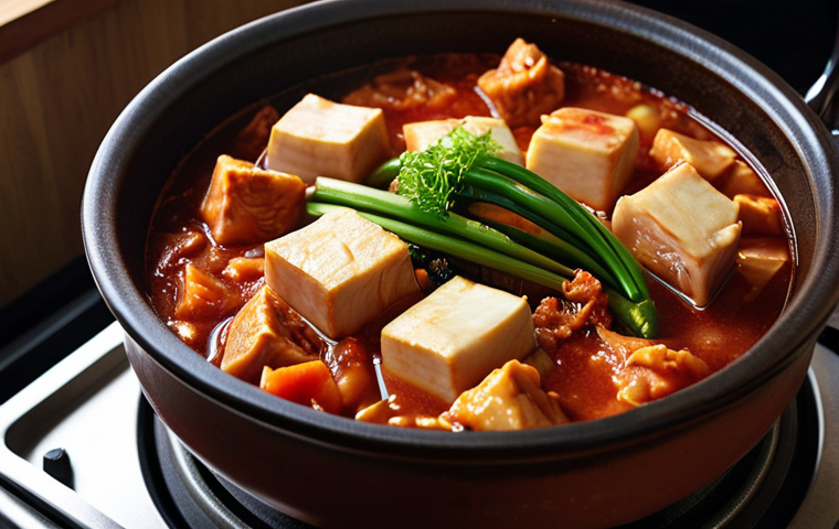 **
A steamy kimchi stew simmers in a traditional Korean earthenware pot (뚝배기), placed on a gas stove that's turned off. Focus on the rich colors of the stew, with visible tofu, kimchi, and pork. Soft, diffused lighting to emphasize the warmth and depth of flavor.
**